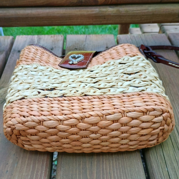 Vintage 90s Brighton Woven Wicker Straw Purse Shoulder Bag Brown Leather Strap - Picture 6 of 11